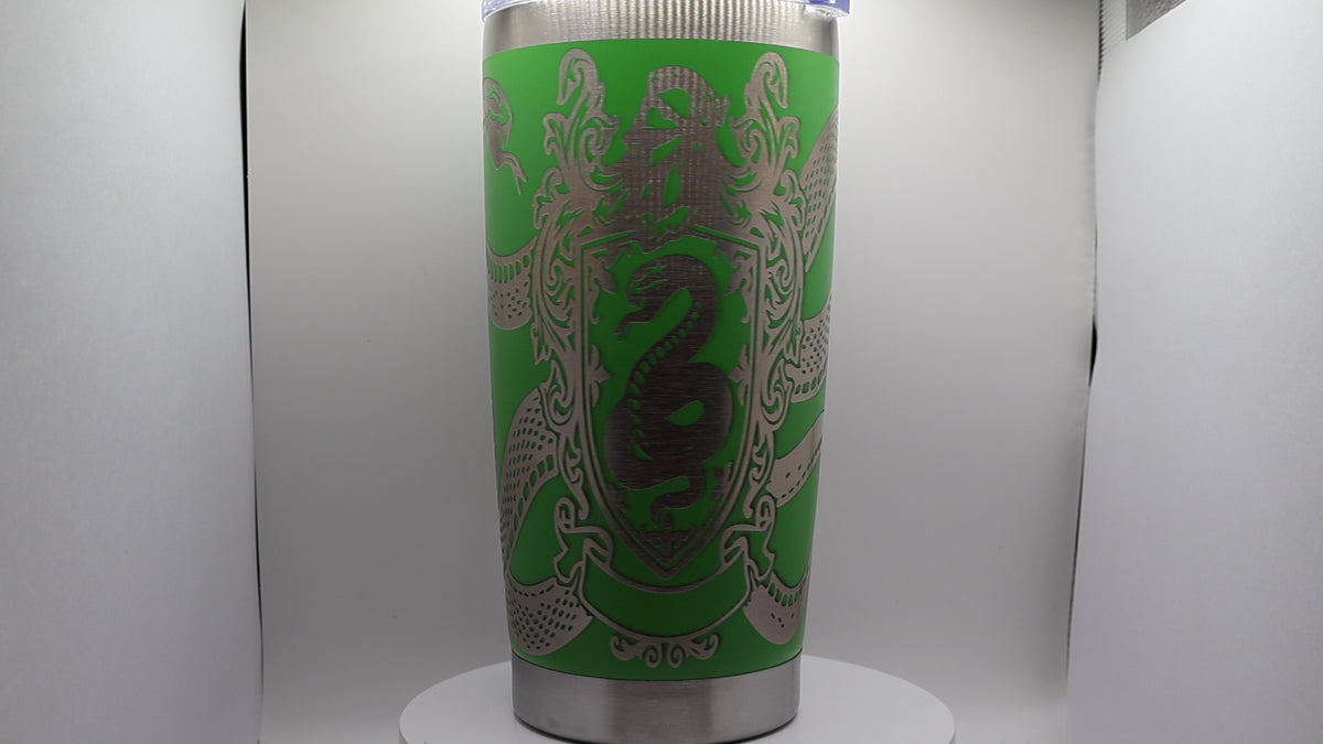 20oz tumbler with a snake and shield design